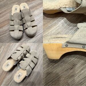 Ugg Ore Fishermen Clog willow taupe light tan wooden Sherpa leather mule 8
